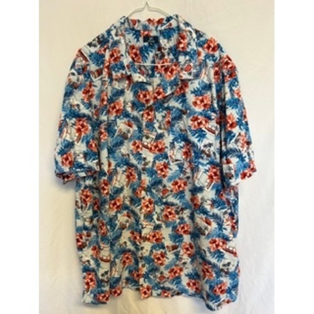 George Mens 3XL Hawaiian Shirt Button Up Red White Blue Tropical Postcard Print
